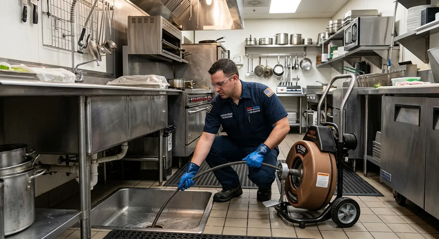 Commercial drain cleaning service in a restaurant kitchen in Newport Beach
