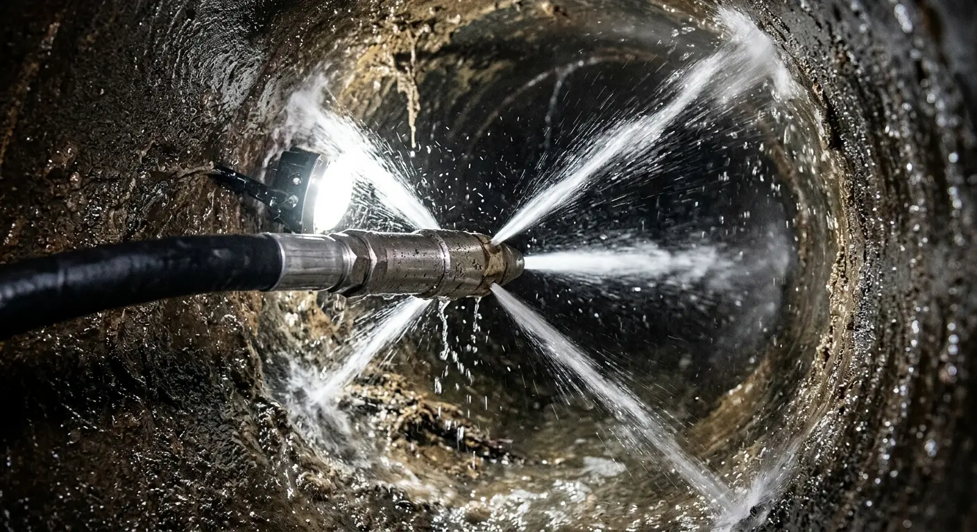 High-pressure hydro jetting nozzle cleaning sewer pipe for Emergency Drain Service in Newport Beach