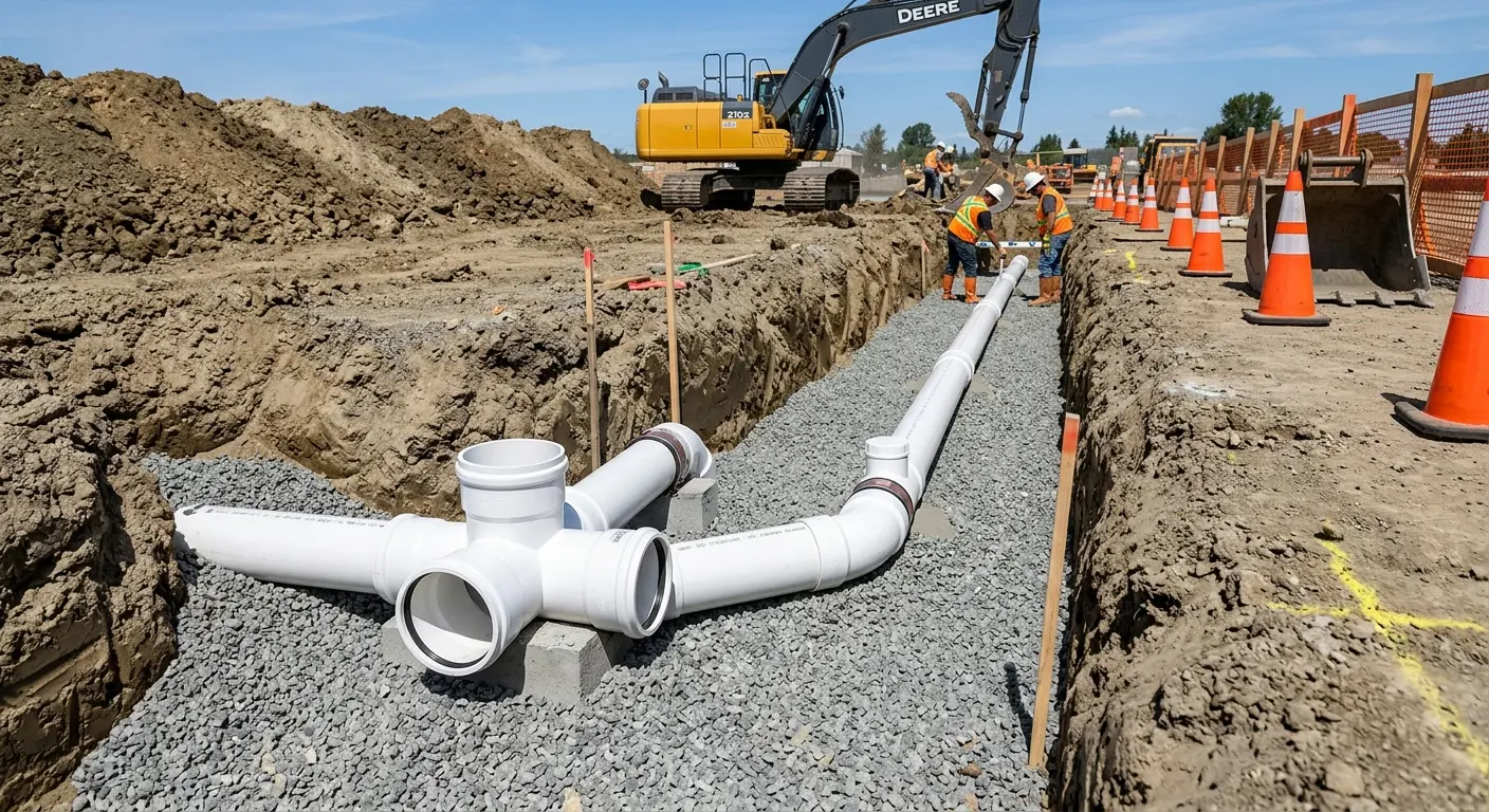 New PVC sewer pipe installation in open trench for Sewer Backup in Newport Beach