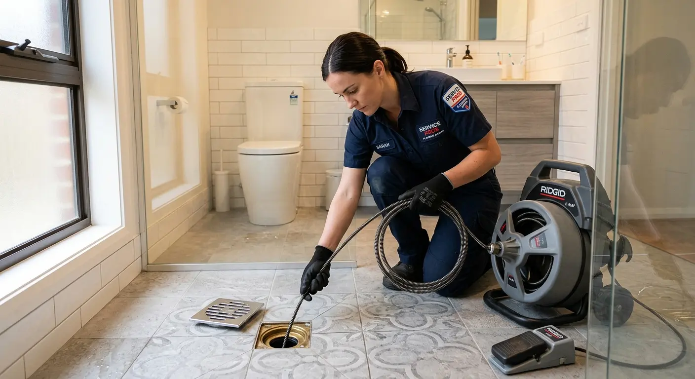 Technician clearing a bathroom floor drain for Hydro Jetting in Newport Beach